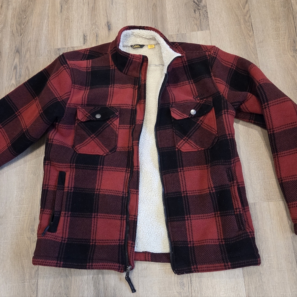 Cabela’s Men’s Lg Sherpa Lined Red Black Buffalo Plaid Lumberjack Jacket Zip Up